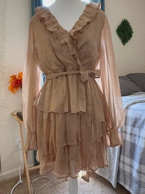 Tiered Ruffle Wrap Dress — Light Brown
